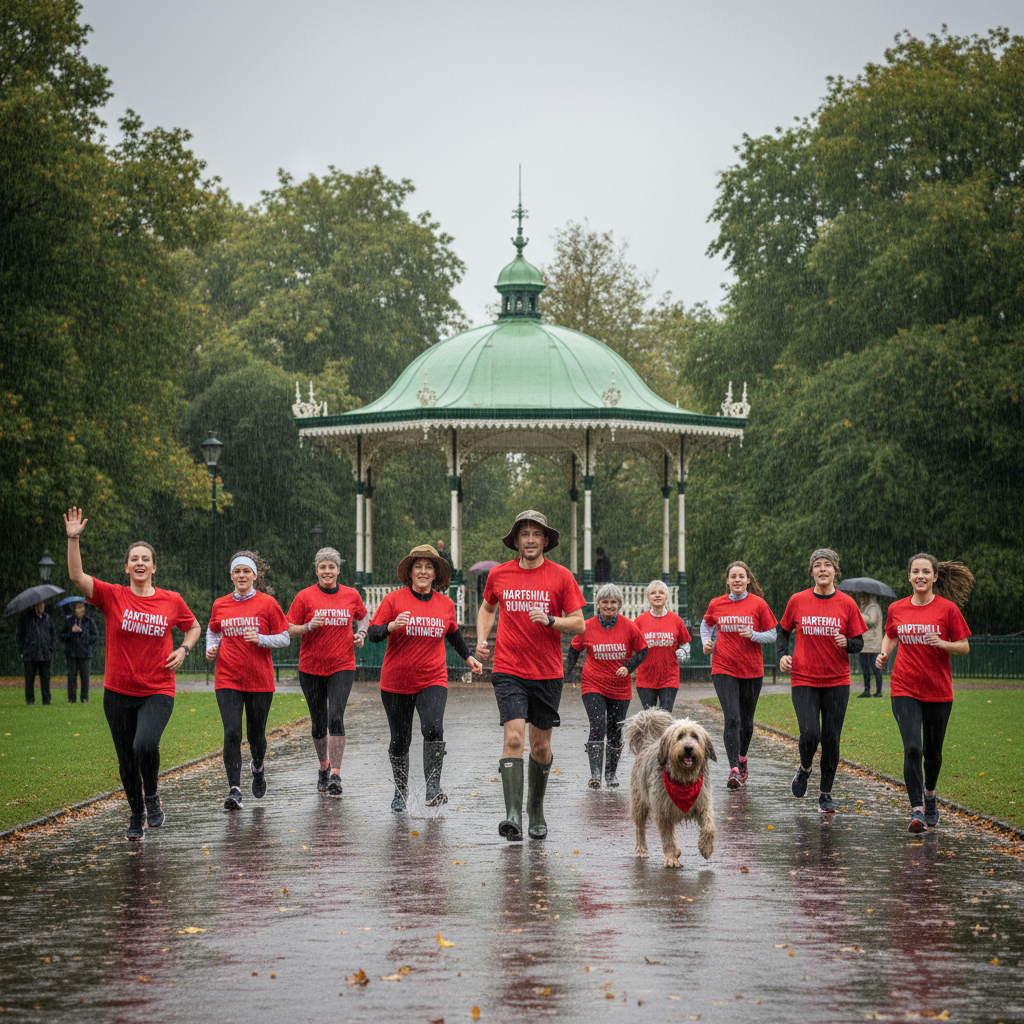 a funny looking group of misfits all wearing red tops that say 'Hartshill runners', running in a park with a bandstand during the day while raining