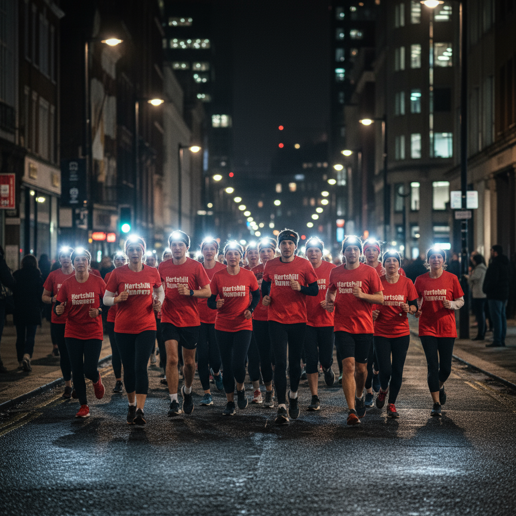 club run, in an urban area, at night, 20 people group, all running, all wearing red t-shirts with 'Hartshill Runners' printed on them, and head torches