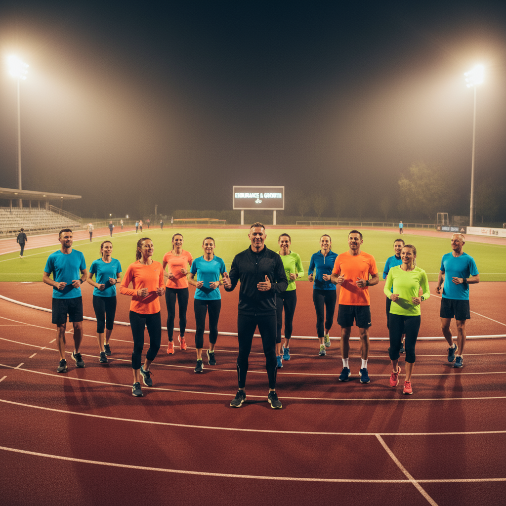 Coach with a group of runners on a running track at night, wearing athletic clothing, illuminated track lights, dynamic and motivational atmosphere