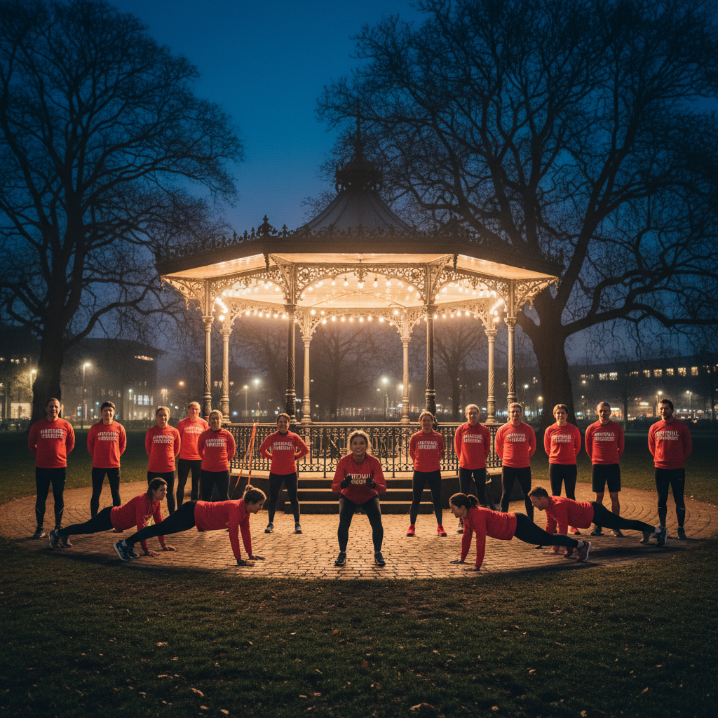 group of people doing strength and conditioning exercises around a bandstand at night, all wearing red Hartshill Runners tops
