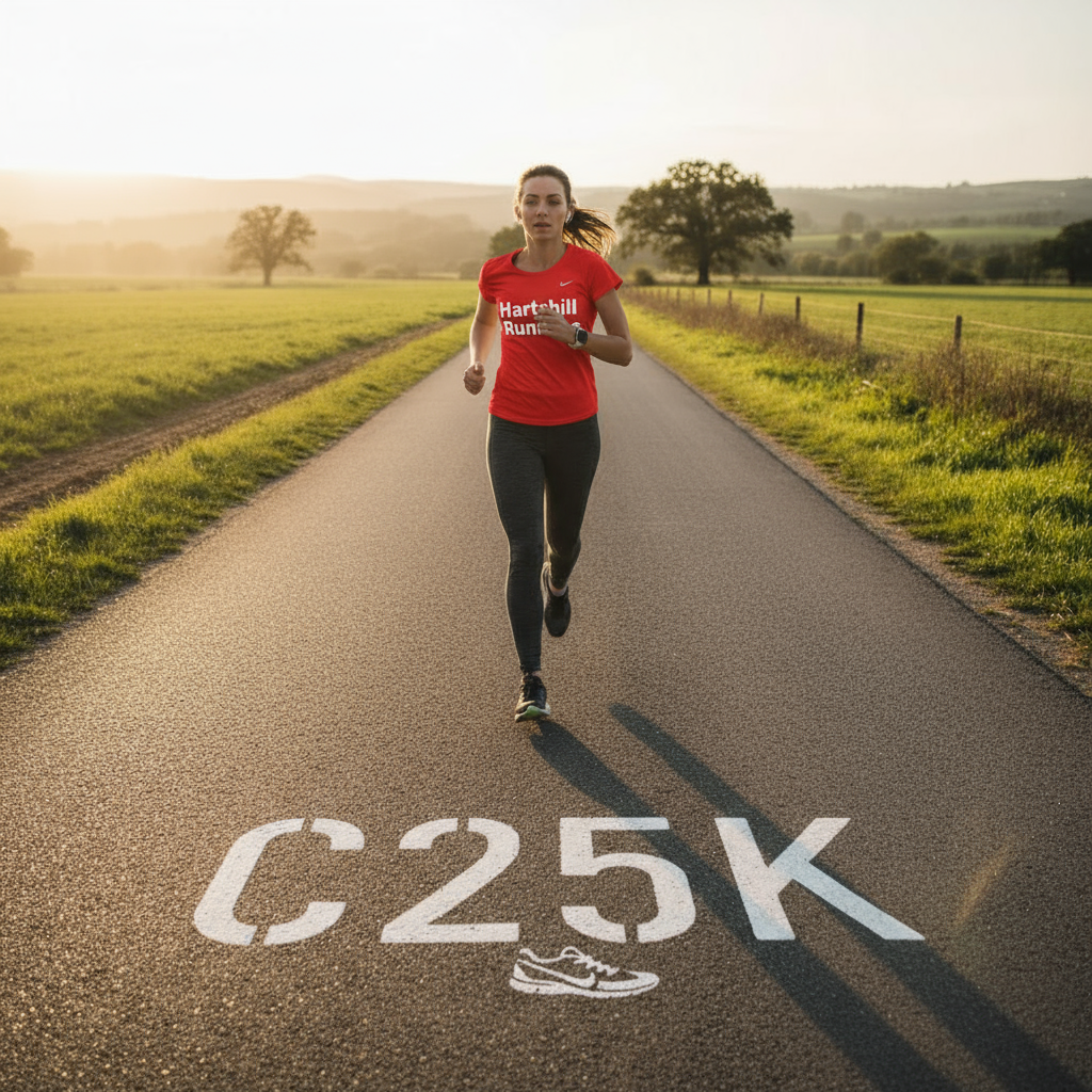 Keep the image but make her top red with 'Hartshill Runners' written on it.